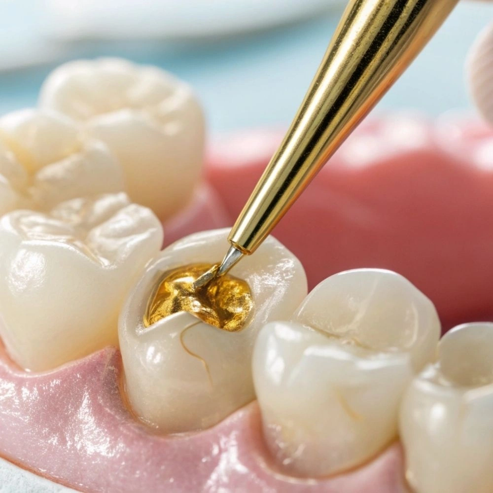Close-up of a gold dental filling being placed on a molar at Dental Art Clinic in Cambridge.