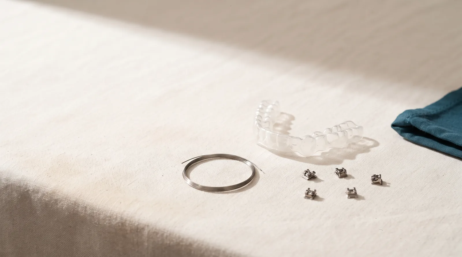 A clear orthodontic aligner tray beside a coil of archwire and loose metal brackets