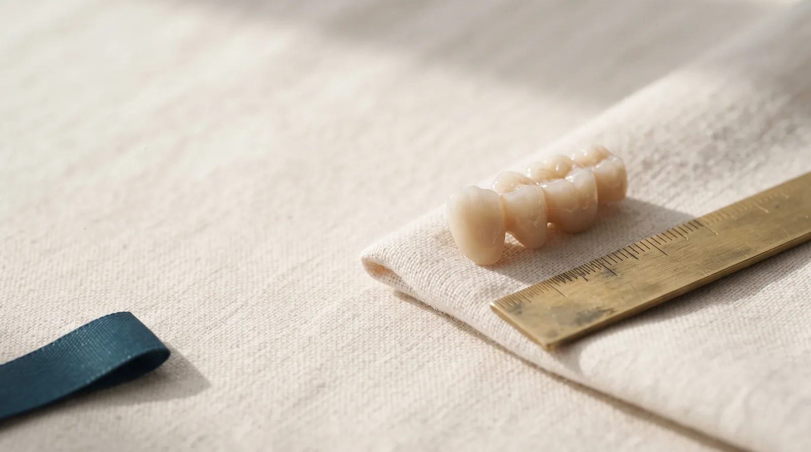 A three-unit ceramic dental bridge resting on a fold of linen