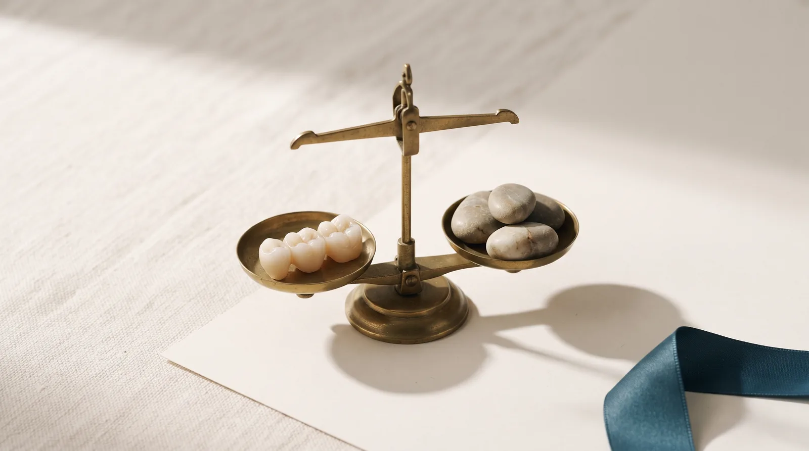 A ceramic dental bridge on one pan of a small brass balance scale