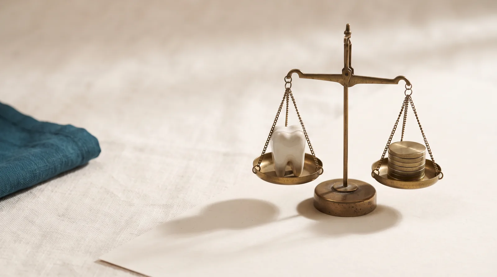 A small brass balance scale holding a ceramic tooth model and a stack of coins