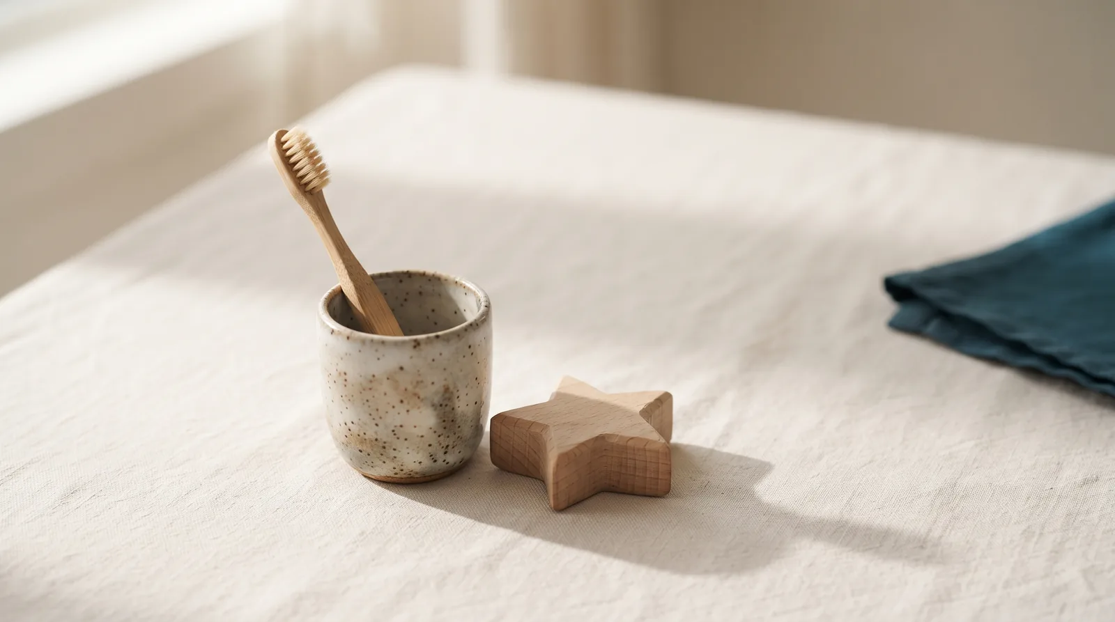A child's toothbrush in a ceramic cup with a wooden star toy on linen