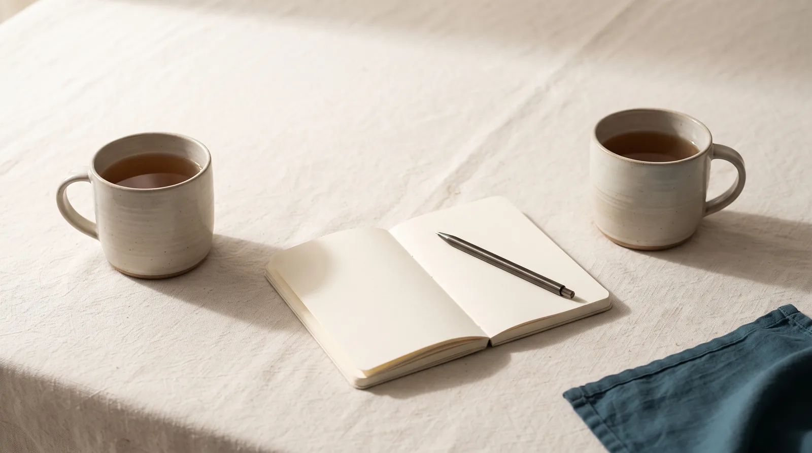 Two stoneware cups of tea and an open blank notebook with a pen on linen