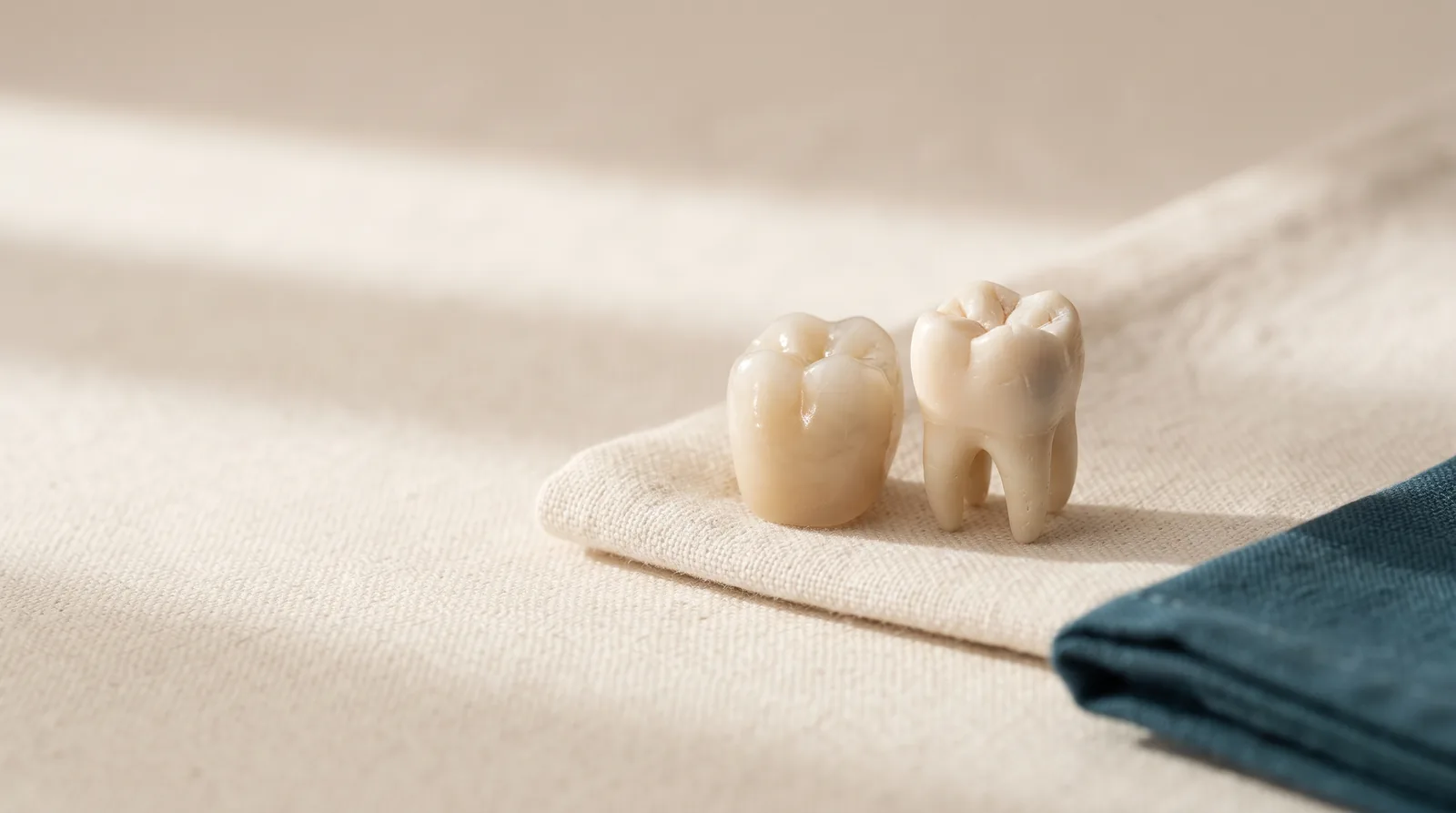 A ceramic crown standing beside a natural molar model on a fold of linen