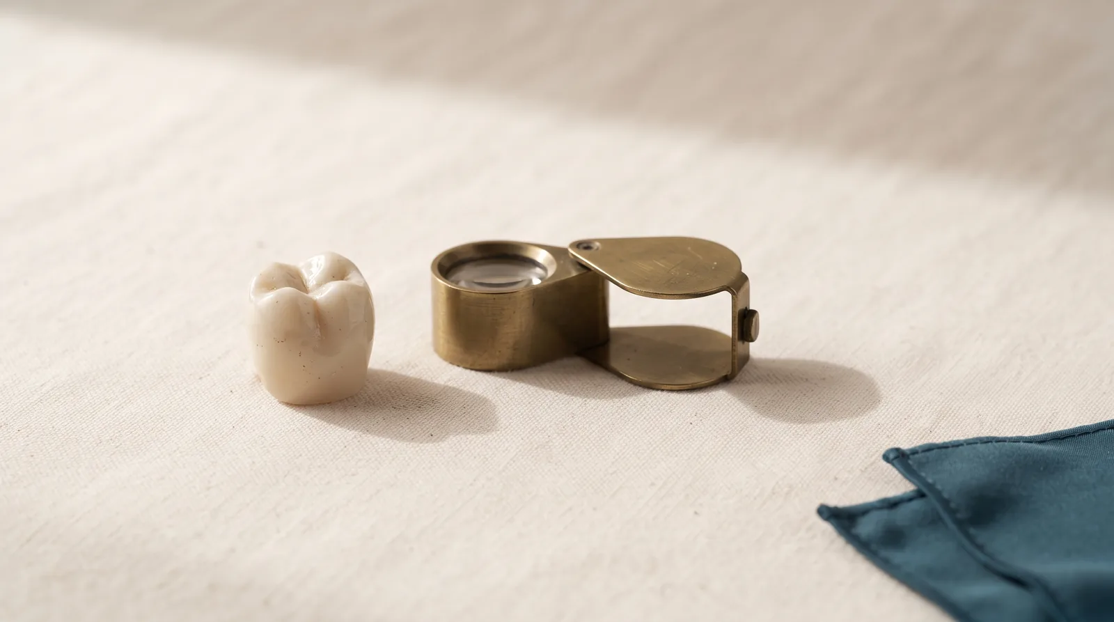 A single ceramic dental crown beside a jeweller's loupe on linen