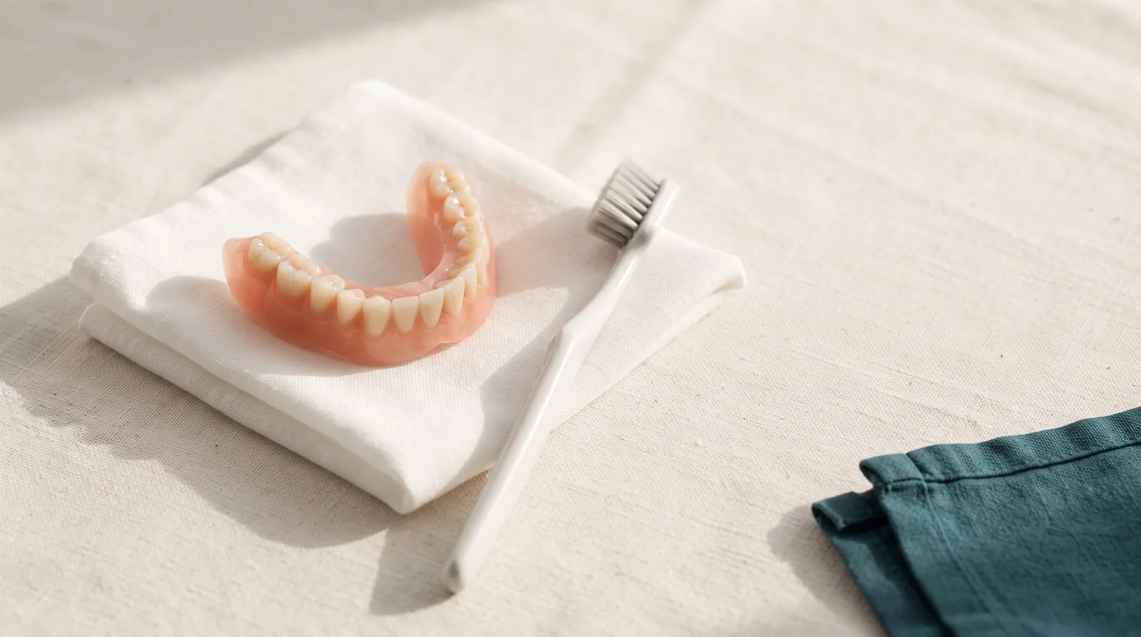 A full acrylic denture on folded white cloth with a soft-bristled brush
