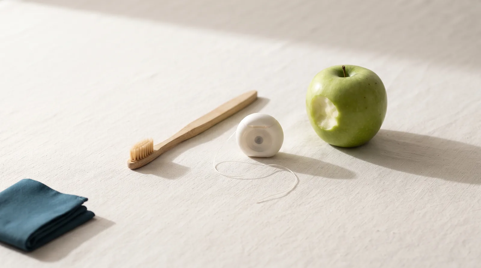 A wooden toothbrush, a spool of floss and a bitten apple arranged on linen