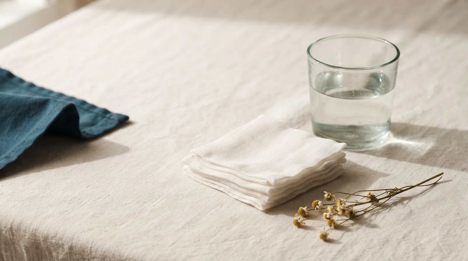 Folded gauze squares, a glass of water and a chamomile sprig on linen