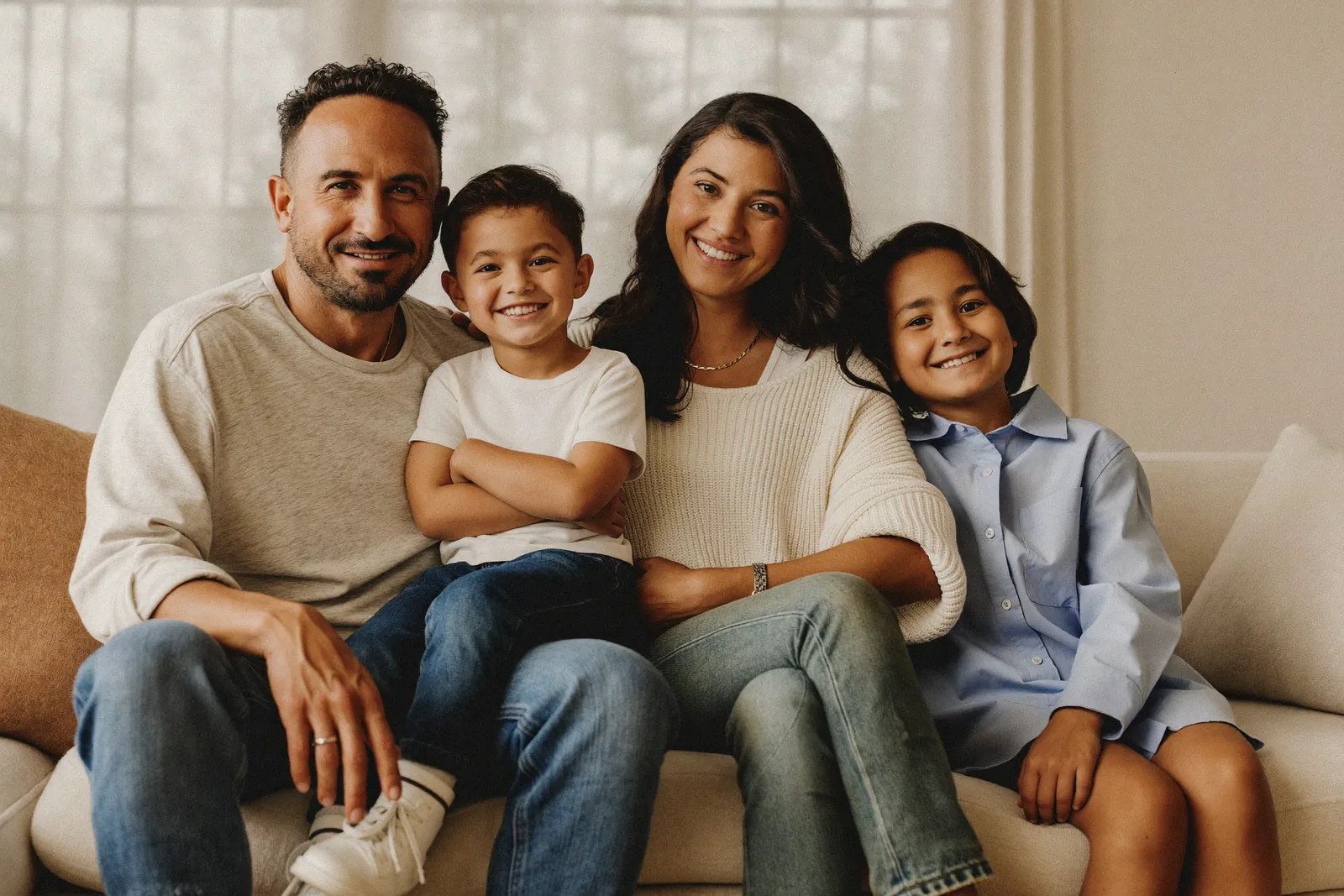 Smiling family of four together at home, representing the families Dental Art Clinic in Cambridge welcomes