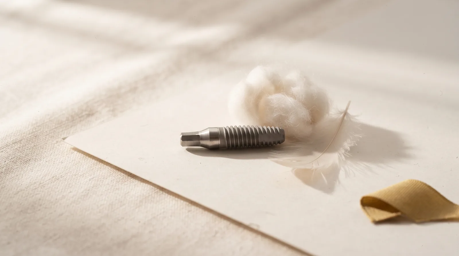 A titanium implant post beside a tuft of soft cotton wool on linen