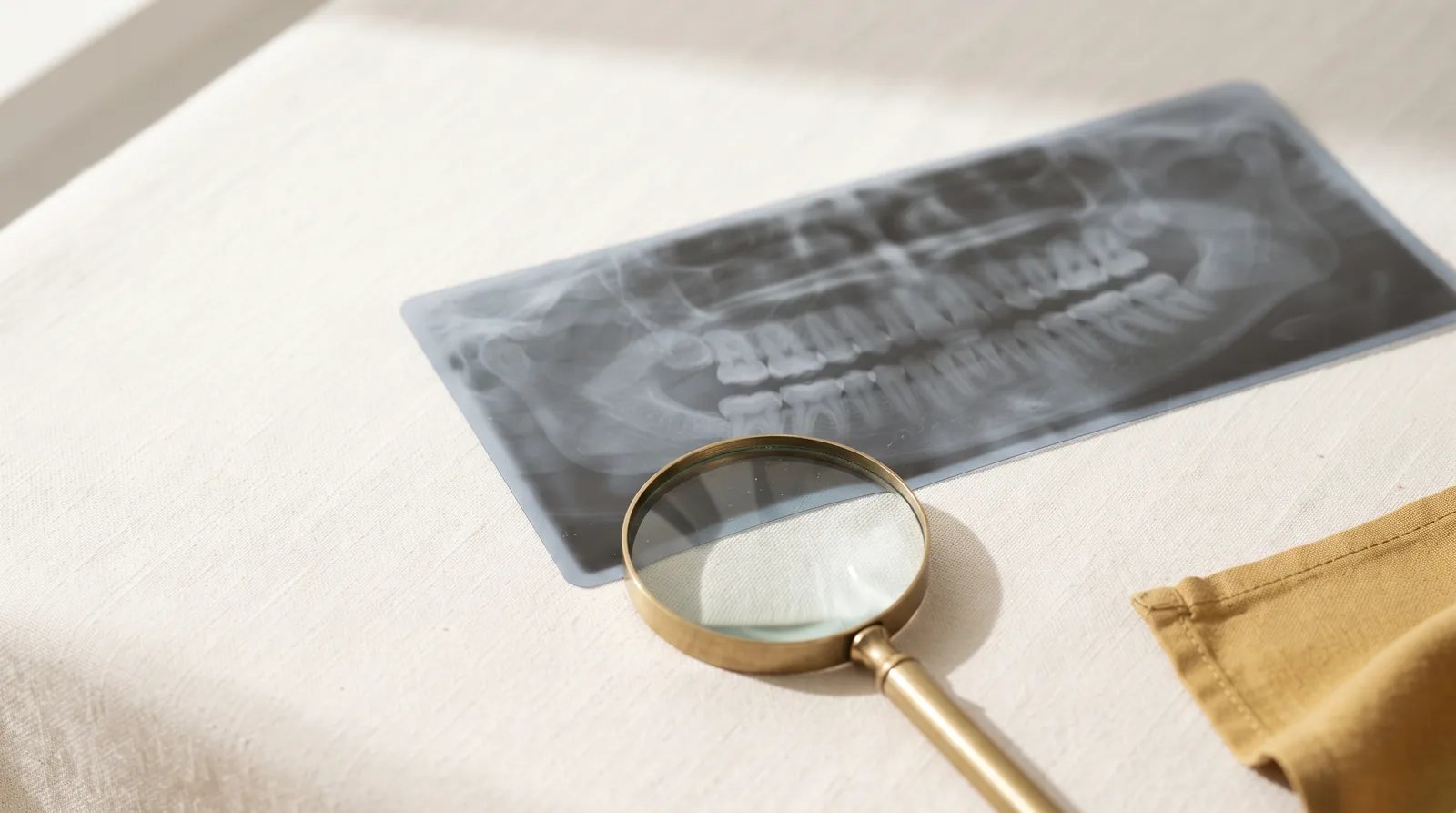 A panoramic dental x-ray film laid flat on linen beside a magnifying loupe