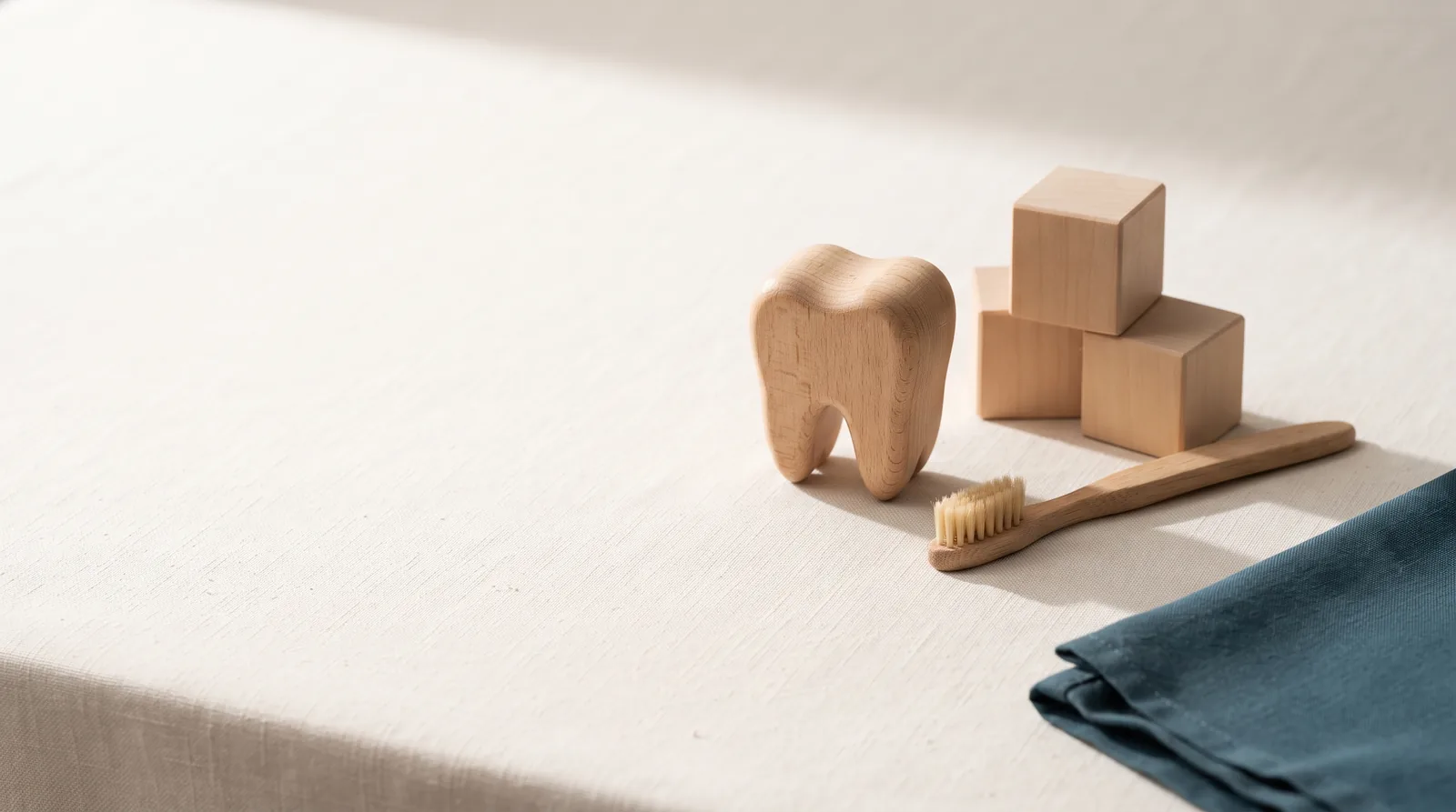 A wooden tooth toy, a child's toothbrush and maple blocks on linen