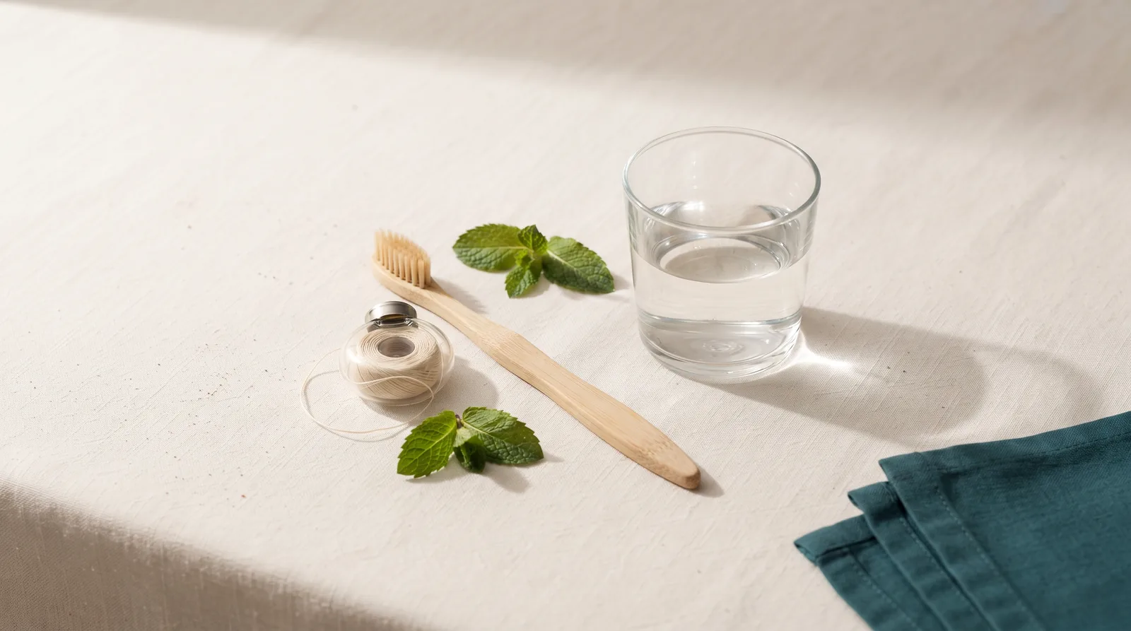 A bamboo toothbrush, floss spool, fresh mint and a glass of water on linen