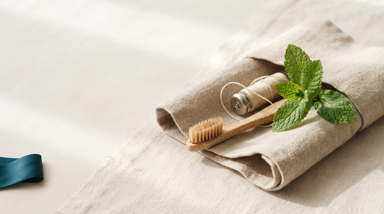A rolled linen cloth holding a toothbrush, floss and fresh mint