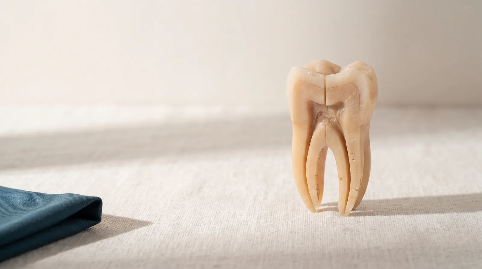 A cross-sectioned molar model showing its root canals, on linen