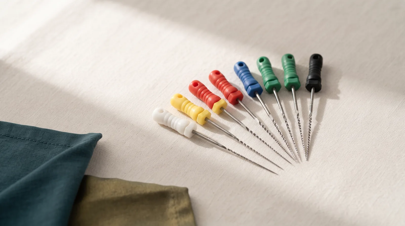 A set of fine endodontic files fanned in ascending size across linen
