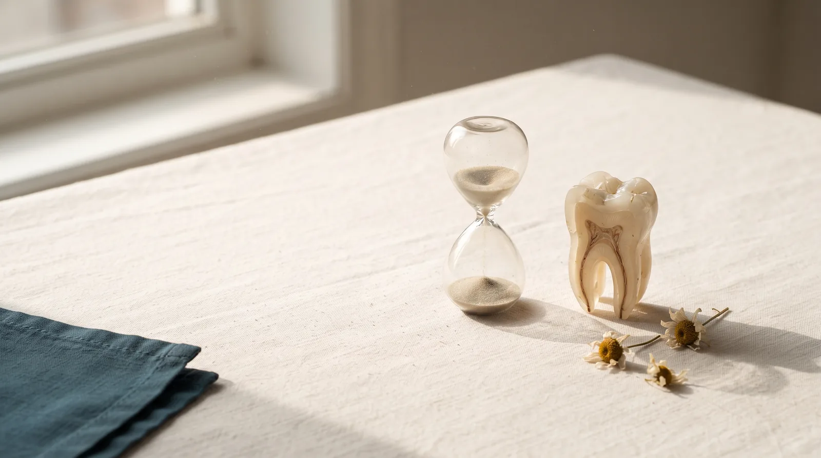 A small hourglass beside a sectioned molar model and dried chamomile