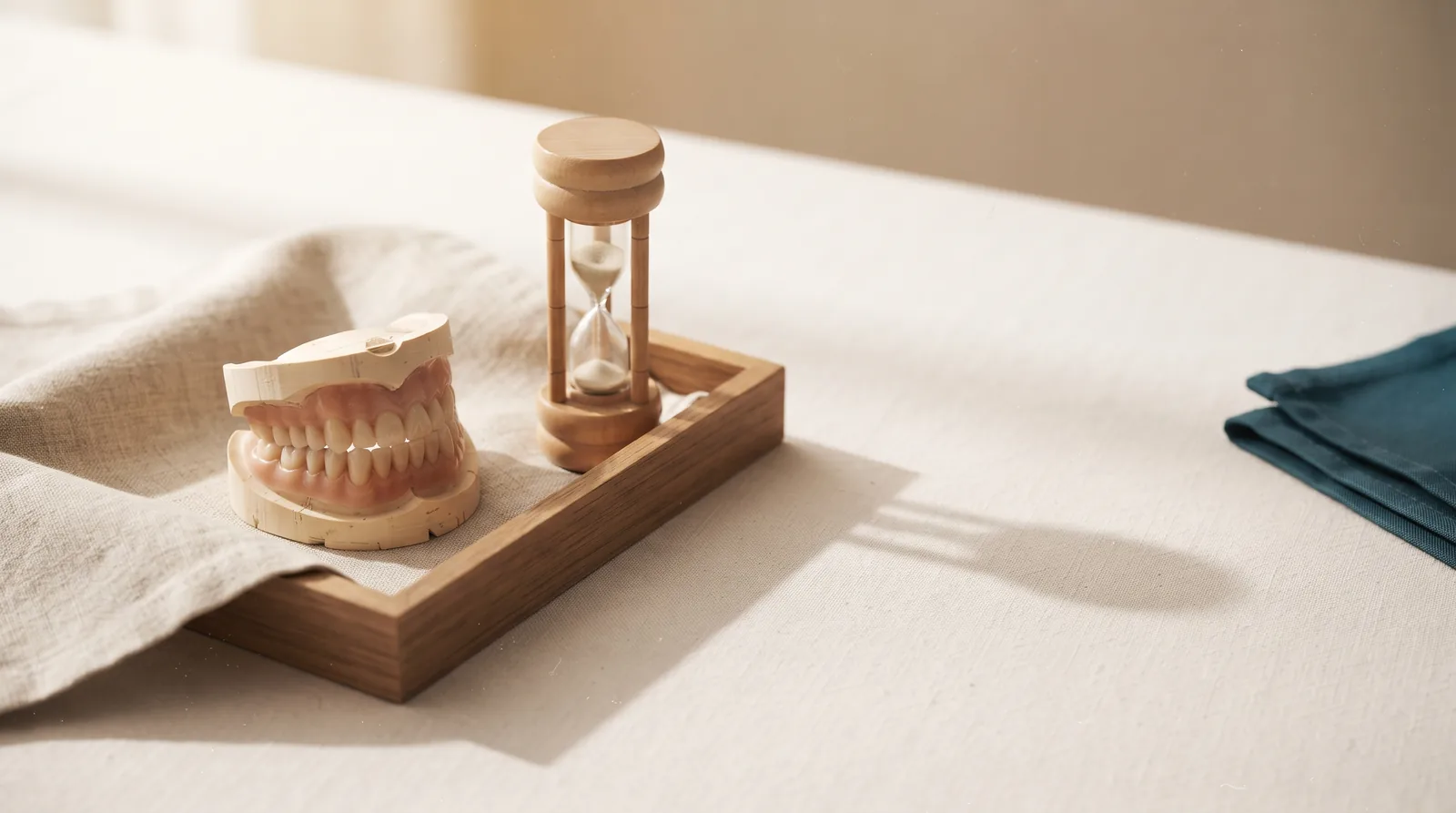 An acrylic denture in a linen-lined tray beside a small hourglass