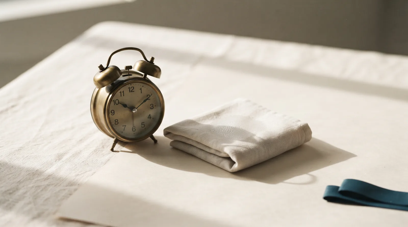 A small brass alarm clock beside a folded cold compress on linen