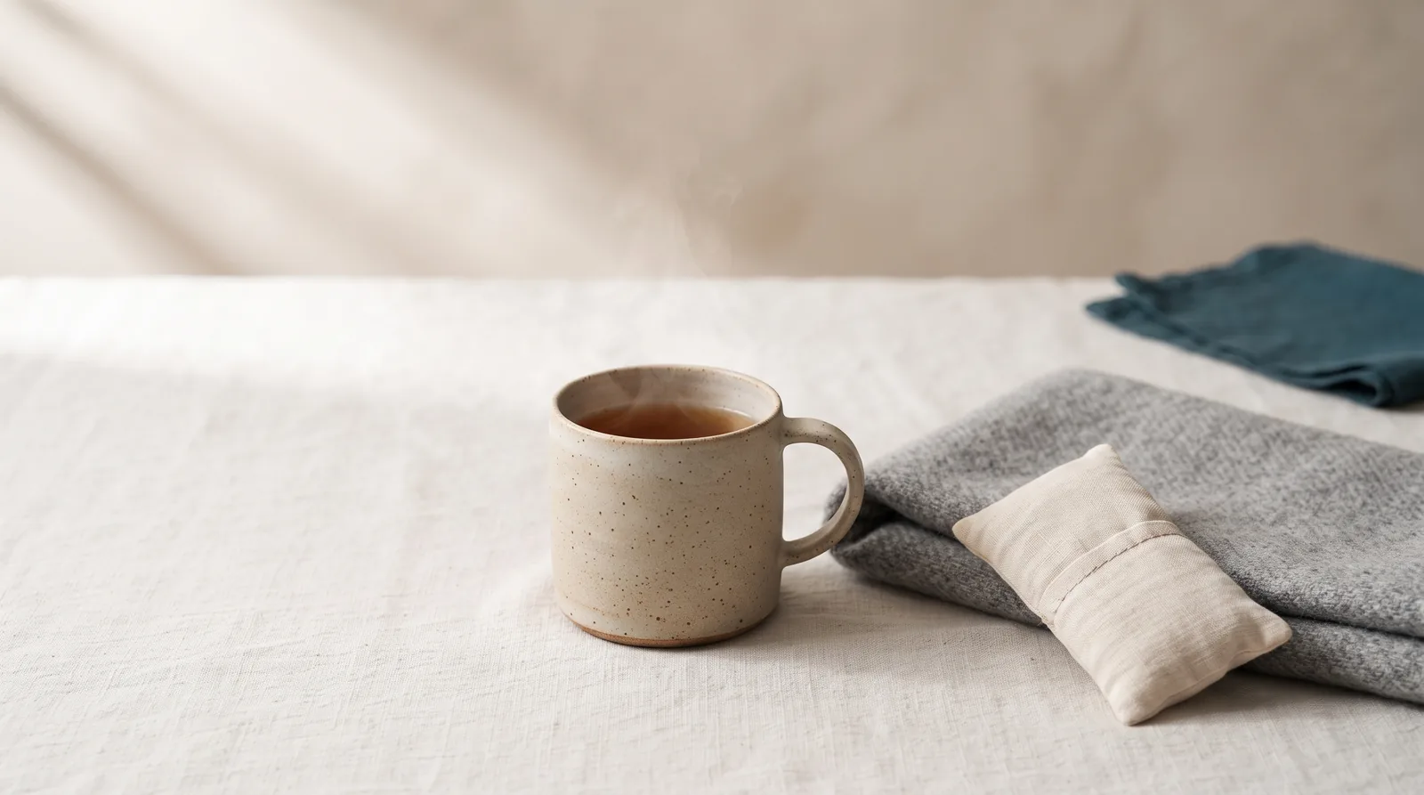 A ceramic mug, a folded wool throw and a cold compress arranged on linen