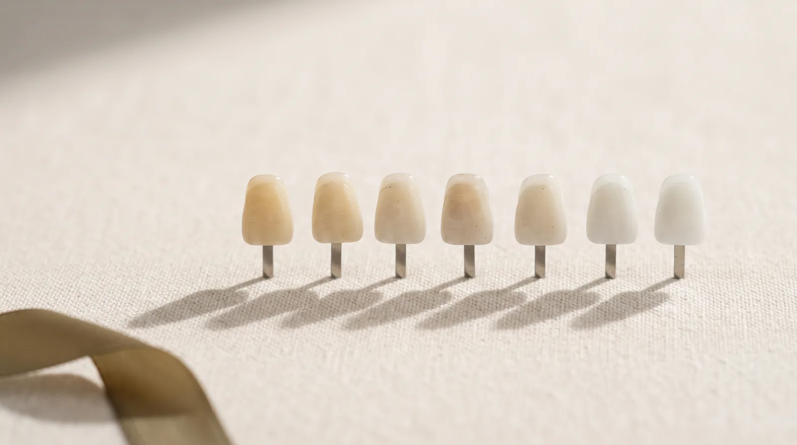 A row of ceramic tooth shade tabs graduating from dark to light across linen