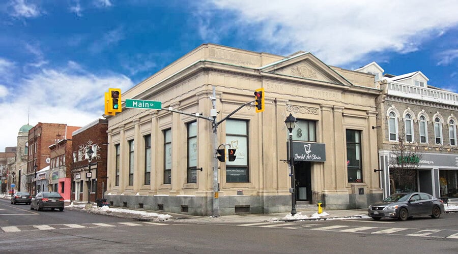 Street-corner view of Dental Art Clinic’s historic building in Cambridge.