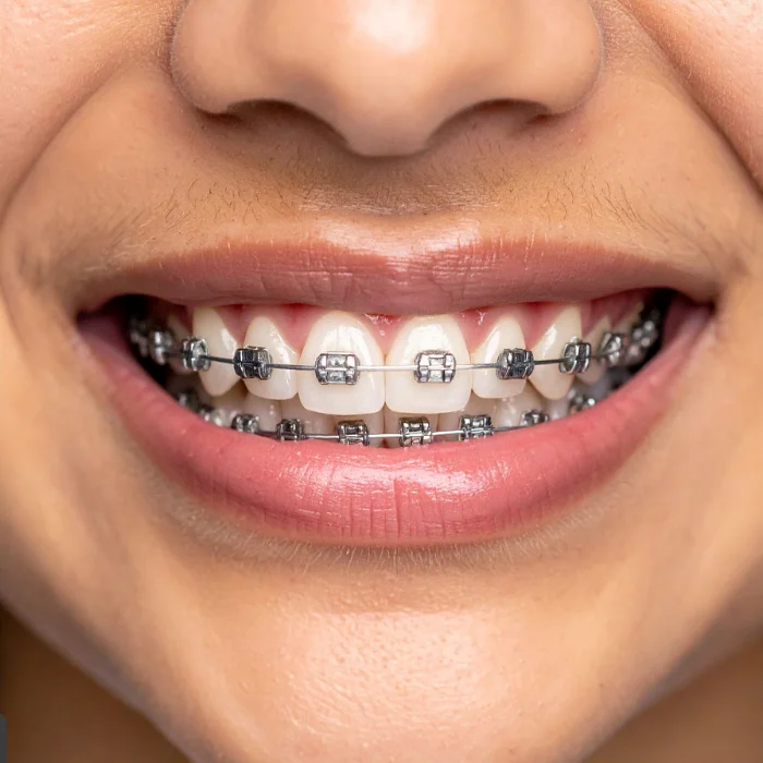 Person smiling with metal braces during orthodontic treatment at Dental Art Clinic in Cambridge
